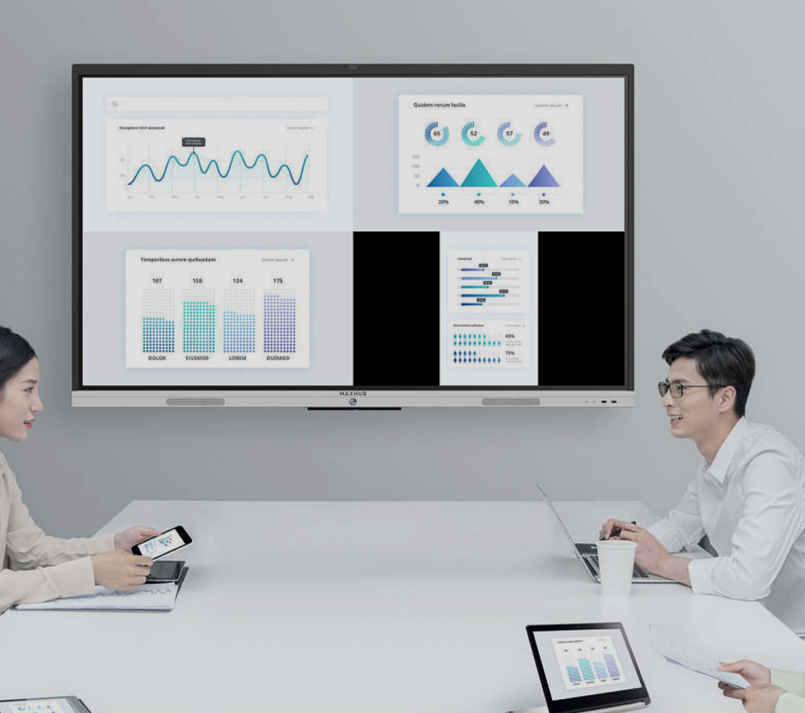 智慧會議室 武智科技 平板智能控制界面 會議全流程管理（時間 / 服務 / 門禁 / 議題） 智能辦公終端;描述：武智科技智慧會議室的平板智能控制界面，集成會議剩余時間顯示、服務請求、門禁控制、議題呼叫等功能，實現(xiàn)會議全流程智能化管理，是智慧辦公核心終端之一。